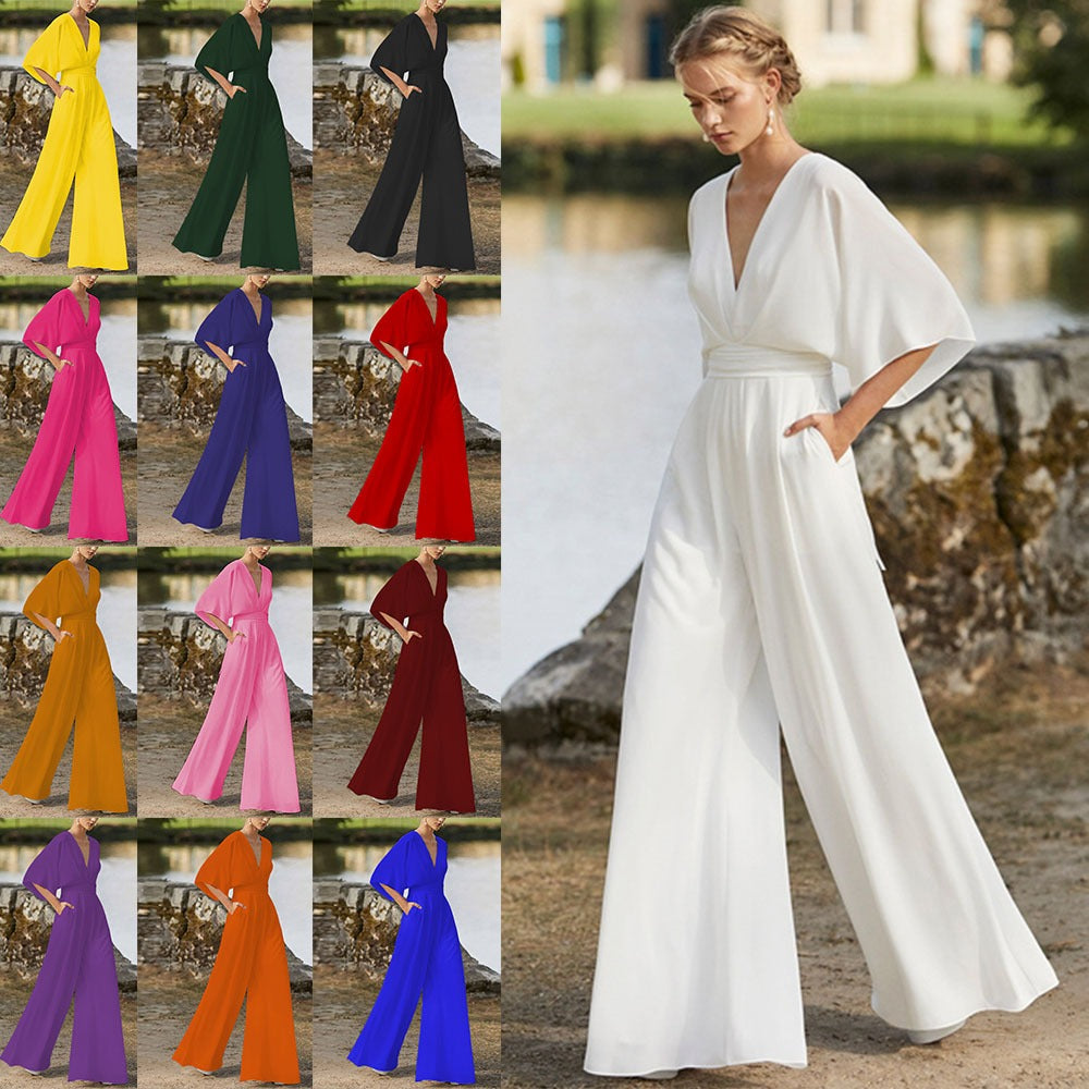 Jumpsuit deep V-high waist wide leg long pants women's dress - Mammalook