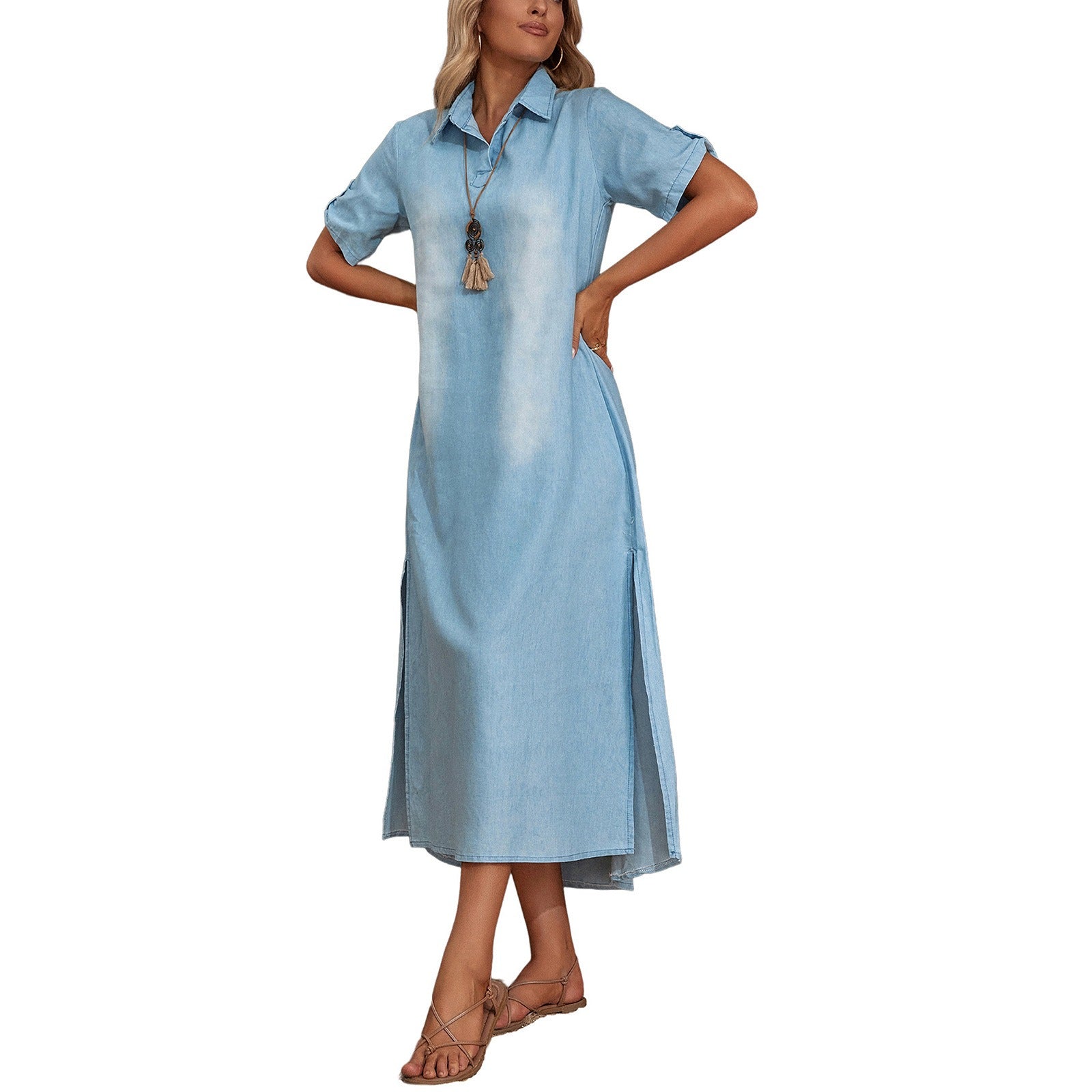 Casual Women Loose Dress Lapel Vintage Summer Side Slitting Hem Loose Long Denim Dress - Mammalook