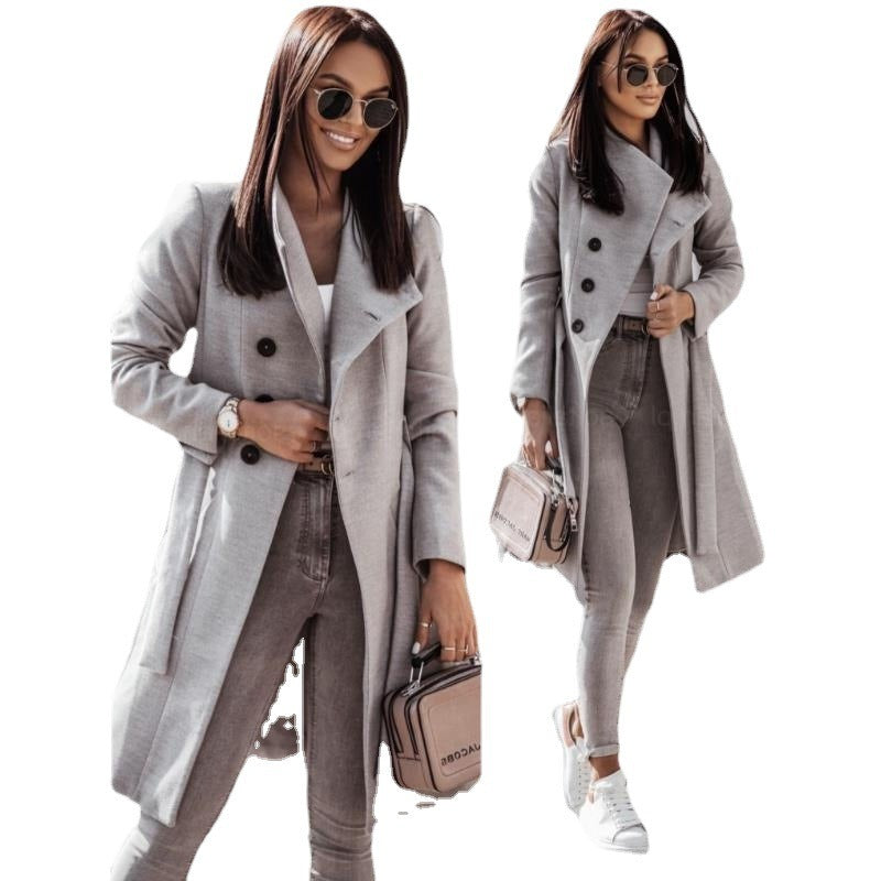 New women's woolen coat with solid color straps, medium length woolen coat - Mammalook