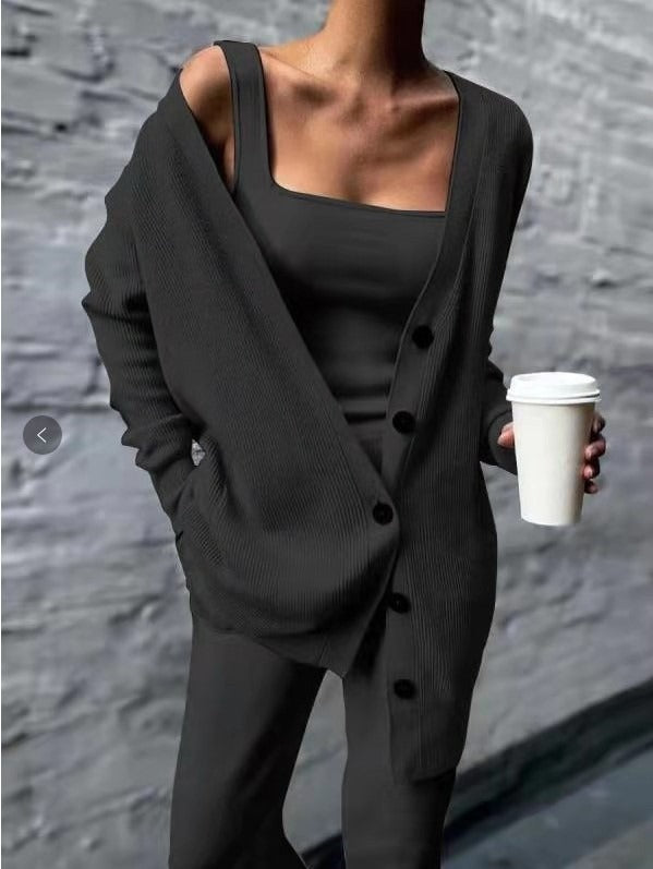 Solid color knitted jacket three piece set - Mammalook