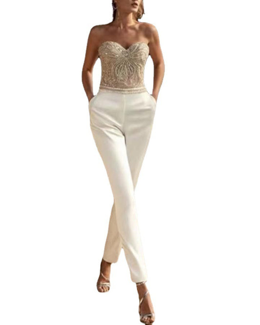 Autumn New Women's Chest Wrapping Sexy Sleeveless Embroidered Sequin Long Pants jumpsuit New - Mammalook