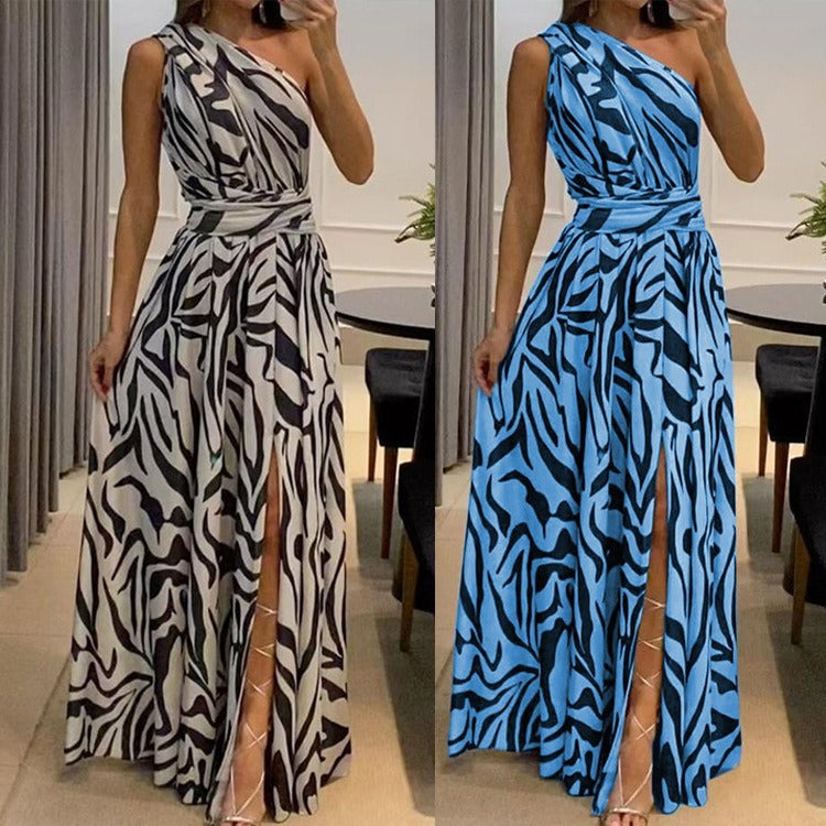 One-Shoulder Sleeveless Printed Long Dress