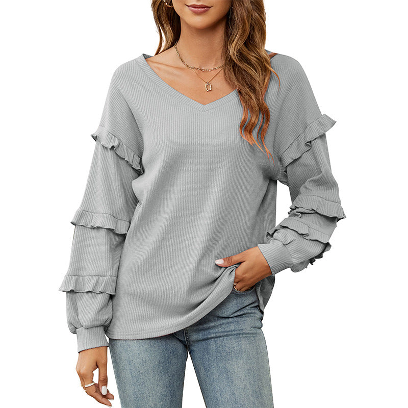 Top Autumn And Winter New Women's Waffle V-Neck Ruffled Lantern Sleeve Top - Mammalook