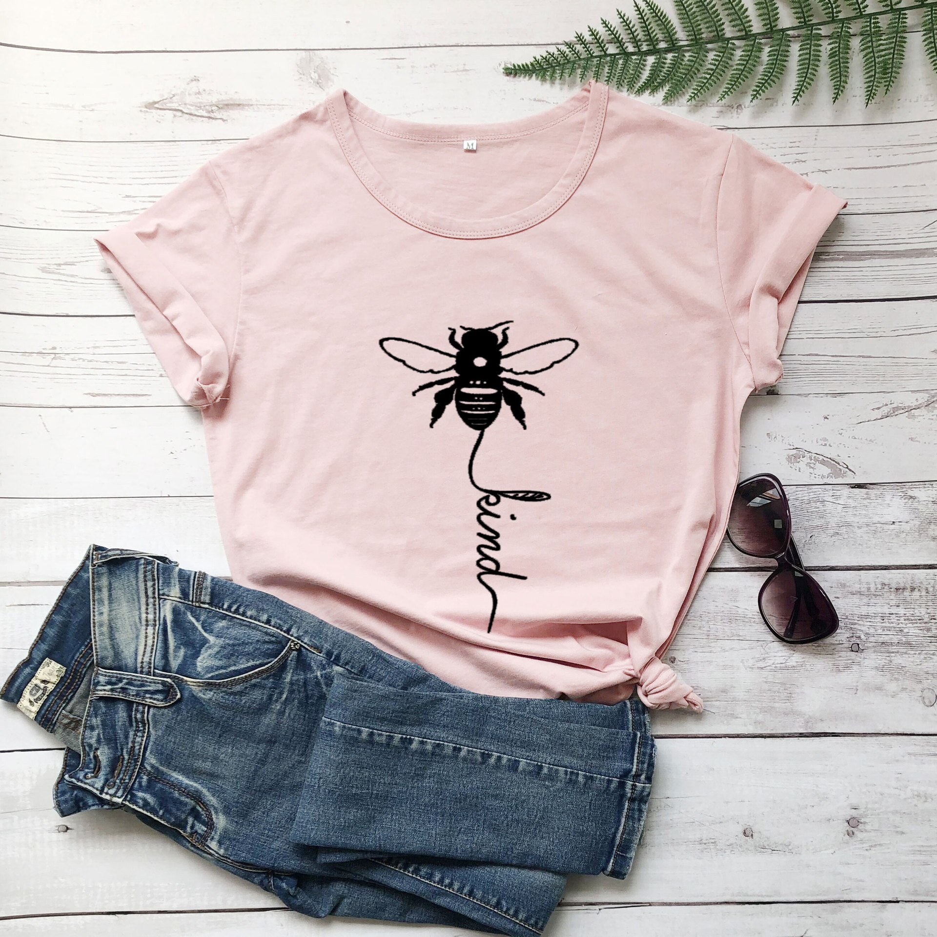 Cotton T Shirt Bee Kind Print Women Short Sleeve O Neck Loose Tshirt Summer Tee Shirt Tops - Mammalook