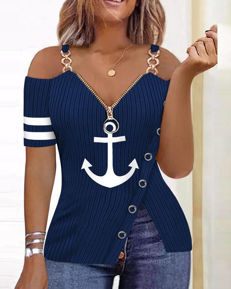 Summer Anchor Graphic Printed Zipper T-shirt