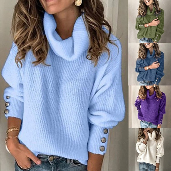 Women Turtleneck Sweaters Autumn Winter Elegant Solid High Collar Knitted Jumper Button Long Sleeve Loose Knitwear Pullovers - Mammalook
