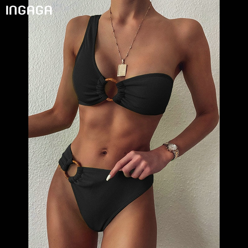 INGAGA One Shoulder Bikini Women's Swimsuit High Waist Swimwear Sexy Rings Biquini Black Ribbed Beachwear Brazilian Bikinis - Mammalook