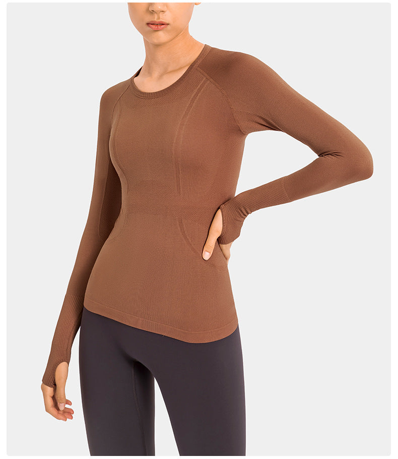New Women's Long Sleeve Round Neck Sports T-shirt Running Fitness Top Slim Breathable Yoga Clothing - Mammalook