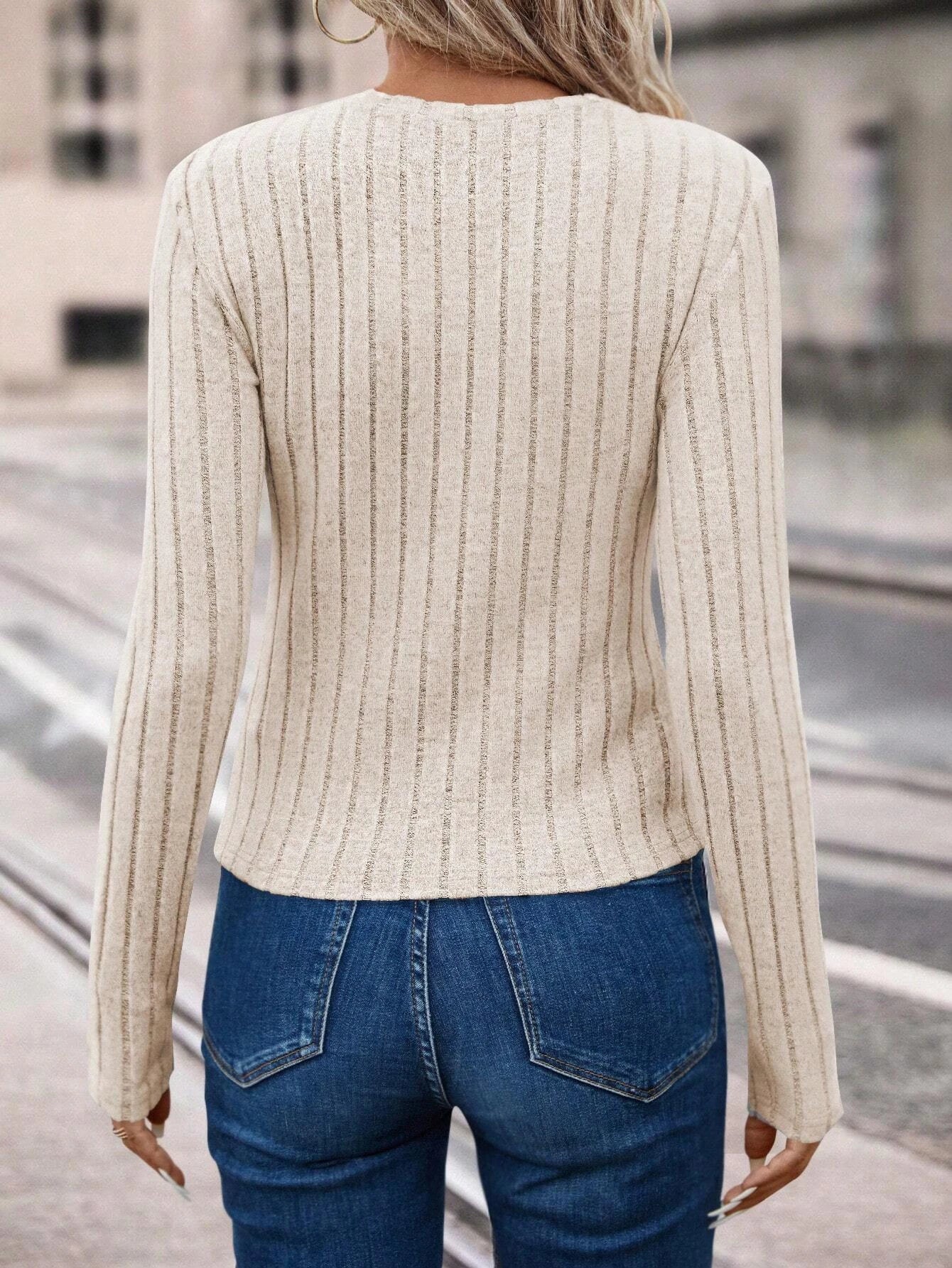Long Sleeve Knitted T-Shirts Plain - Crew Neck
