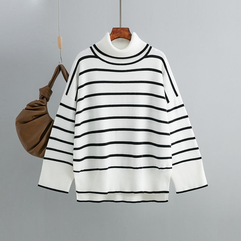 Elegant Autumn Winter Sweater Women Pullovers Loose Striped Casual Knit Chic Jumper Women Sweater - Mammalook