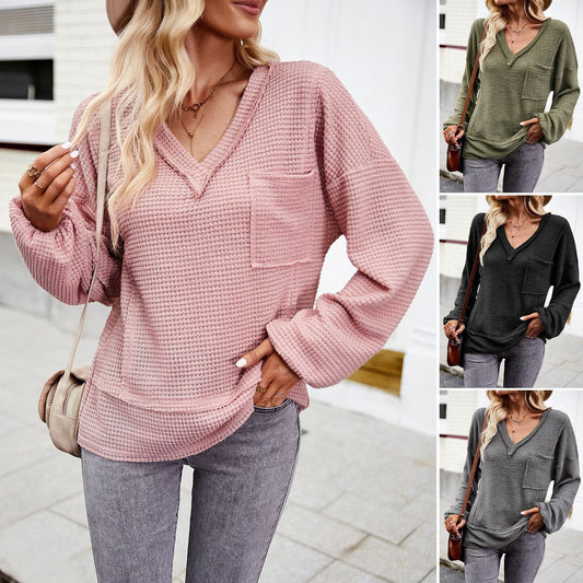 Solid color knitted shirt women's V-neck long sleeved top - Mammalook