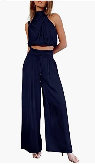 Two-piece set - sleeveless collar exposed top, wide leg pants