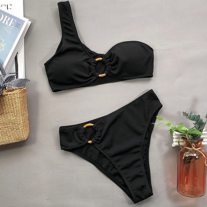 INGAGA One Shoulder Bikini Women's Swimsuit High Waist Swimwear Sexy Rings Biquini Black Ribbed Beachwear Brazilian Bikinis - Mammalook