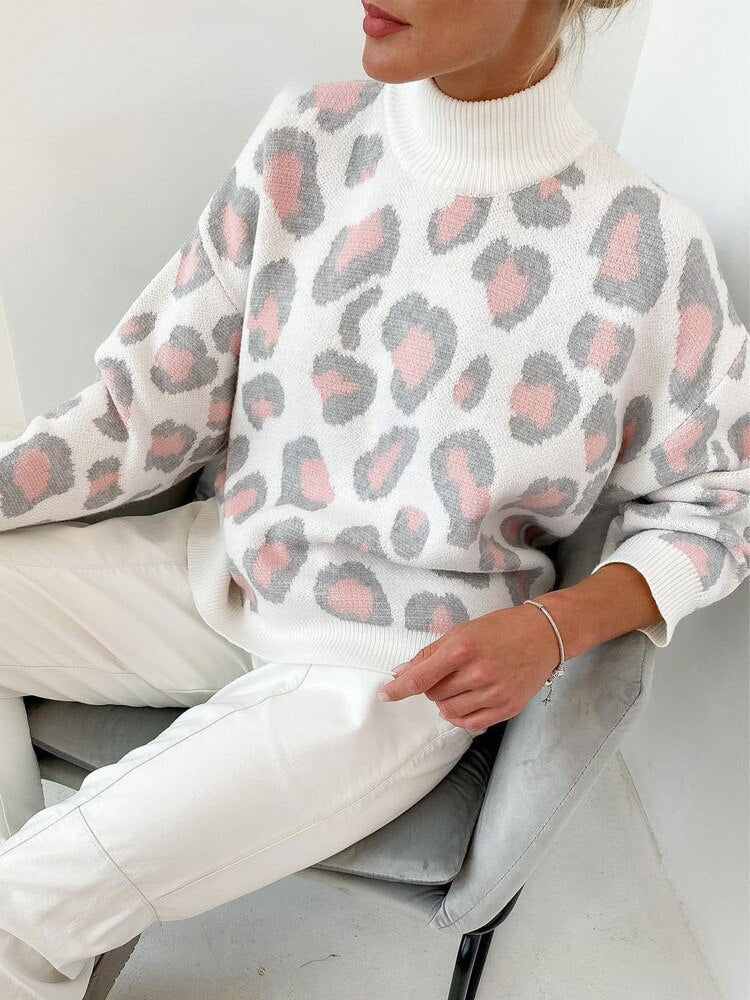 Winter Women's Sweater Leopard Print Animal Basic Thick Turtleneck Oversize Jumper Sotf Warm Knitted Sweaters for Womens - Mammalook