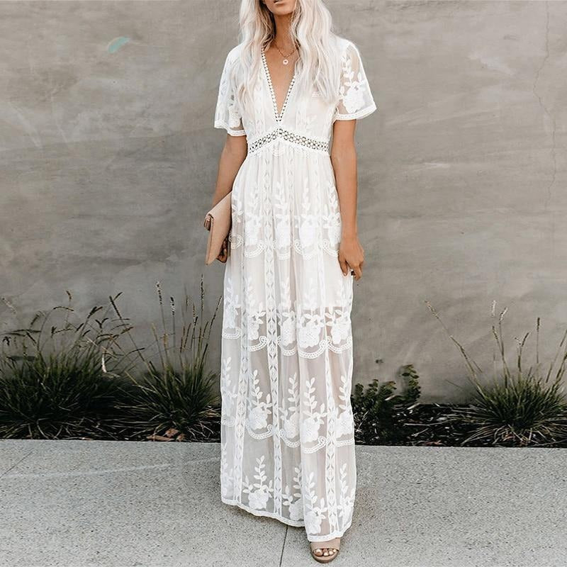 Boho Lace Maxi Dress – White V-Neck Summer Gown