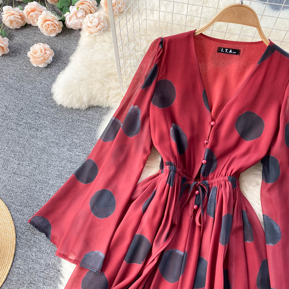Tingfly Women France Chi Polka Dot Print Bohemian Casual Wide Leg Trousers Jumpsuits Chiffon Summer Boho Beach Style Overalls - Mammalook