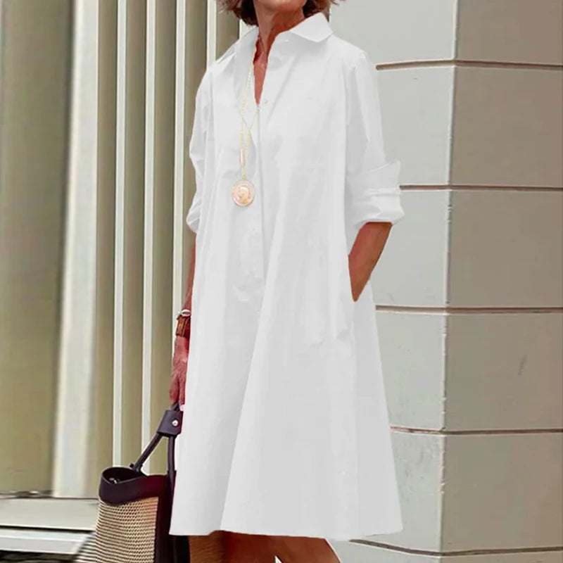 Shirt Dress - Casual Solid Color Long Sleeves with Turn-Down Collar - Mammalook
