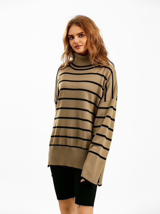 Elegant Autumn Winter Sweater Women Pullovers Loose Striped Casual Knit Chic Jumper Women Sweater - Mammalook