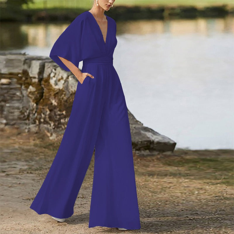 Jumpsuit deep V-high waist wide leg long pants women's dress - Mammalook