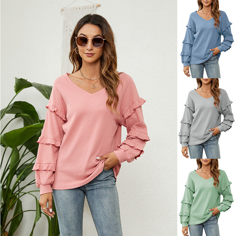 Top Autumn And Winter New Women's Waffle V-Neck Ruffled Lantern Sleeve Top - Mammalook