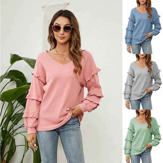 Top Autumn And Winter New Women's Waffle V-Neck Ruffled Lantern Sleeve Top - Mammalook