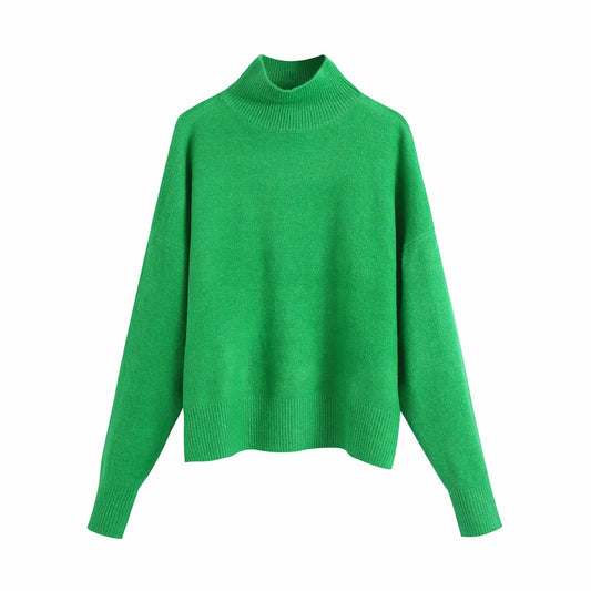 Women Fashion Solid Knit Sweater Top Long Sleeves High Neck Vintage Female Knitted Sweaters Pullover Chic Tops - Mammalook