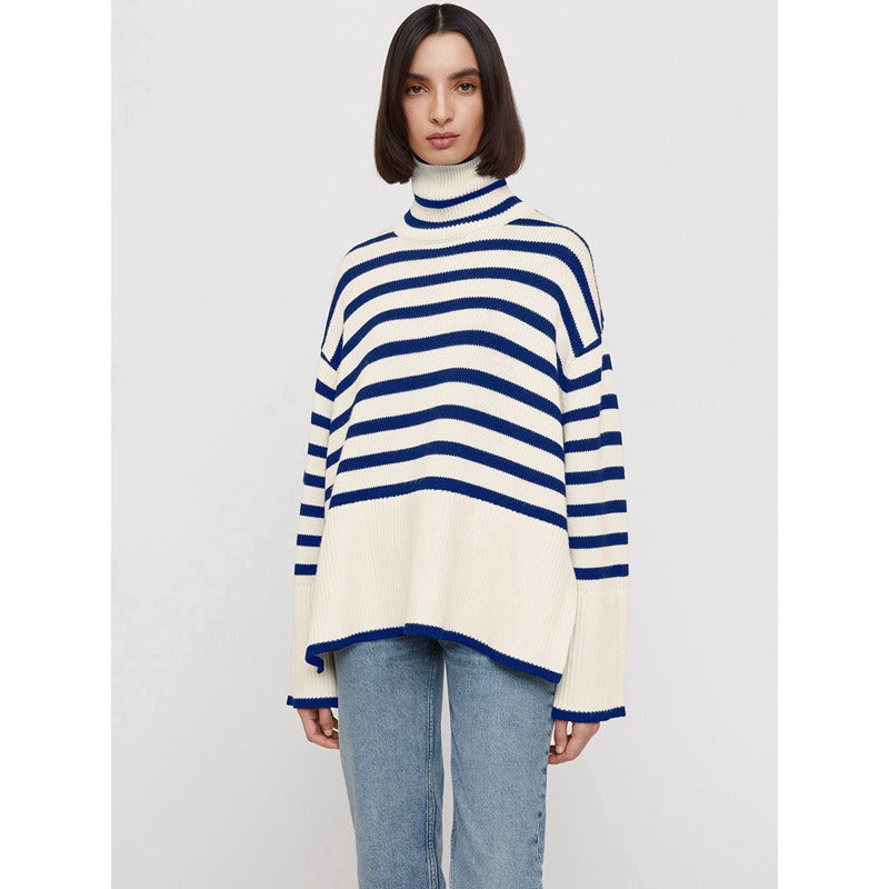 Versatile Knitting Turtleneck Striped Pullover Sweater For Women Long Sleeve Female Simplicity Clothing - Mammalook
