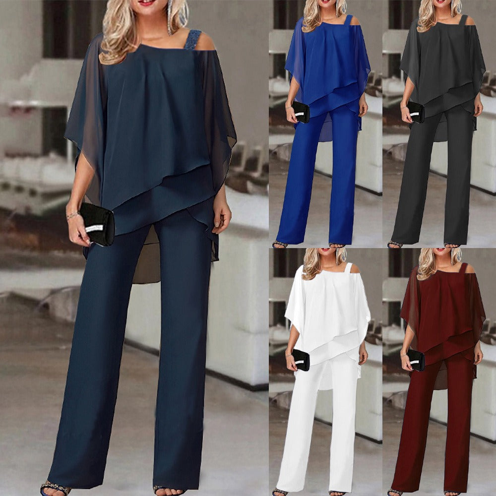 Women's New European and American Fashion Solid Color Loose Leisure Bat Sleeve Long Pants Irregular Fashion Casual Set - Mammalook