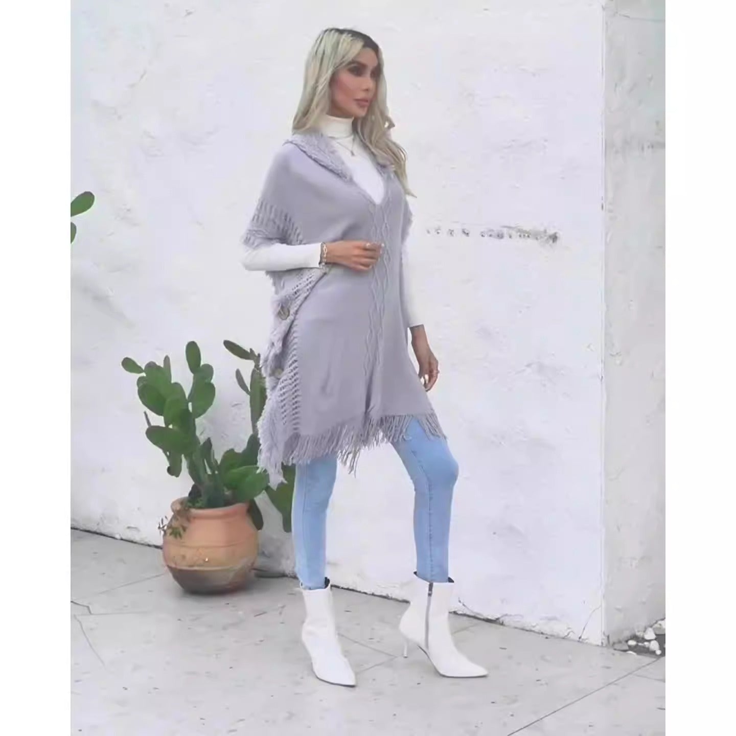 Women's casual loose V-necktie hat pullover medium length sweater vest cape top jacket - Mammalook