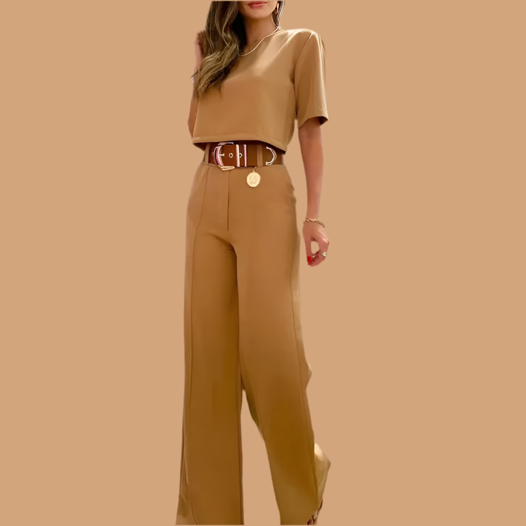 2-Piece Set: Wide-Leg Pants and Short-Sleeve Blouse