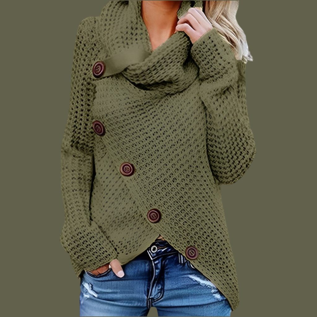 Damen Rollkragenpullover, Strickpullover, Herbst/Winter, einfarbig, unregelmäßiger Saum, Langarm, Pullover, modisch, Knopfleiste, lockerer Pullover