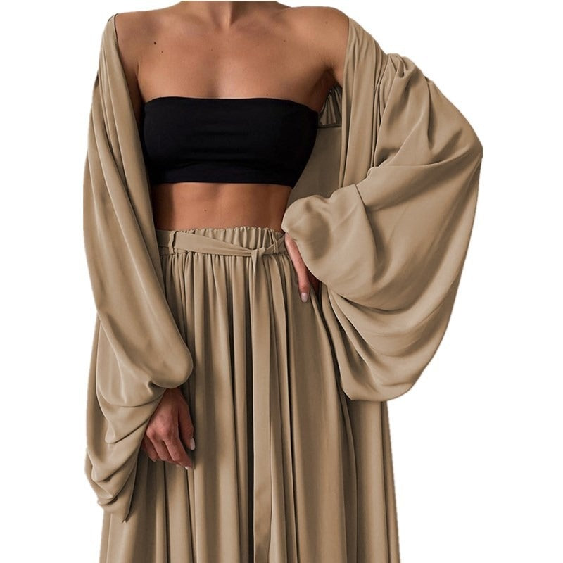 Loose Minimalist Three Piece Set For Women Slim Vest Lantern Long Sleeve Coat Wide Leg Pants Casual Sets Female - Mammalook