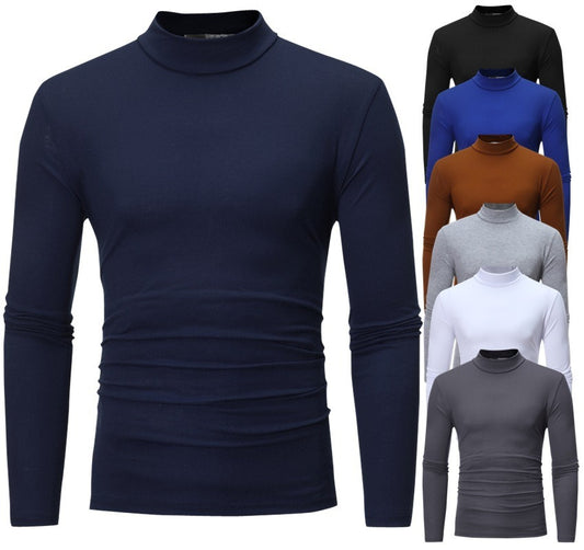 New Autumn And Winter Men's Casual Solid Color High Collar Men's Slim Long Sleeved T-Shirt Bottoming Shirt - Mammalook