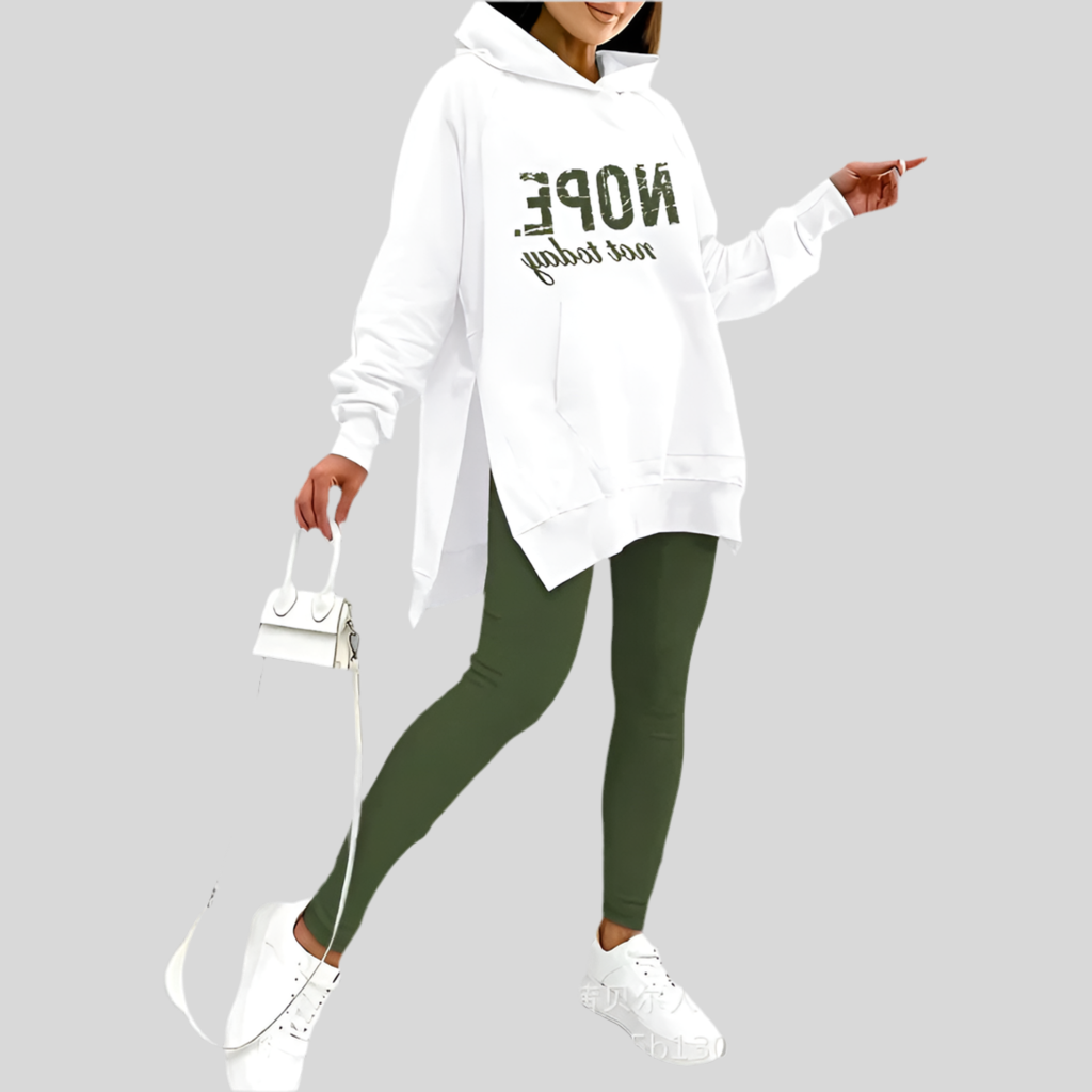 Two-Piece Set: Hooded Sweatshirt with Pocket Slit Sweater Top and Skinny Pencil Pants