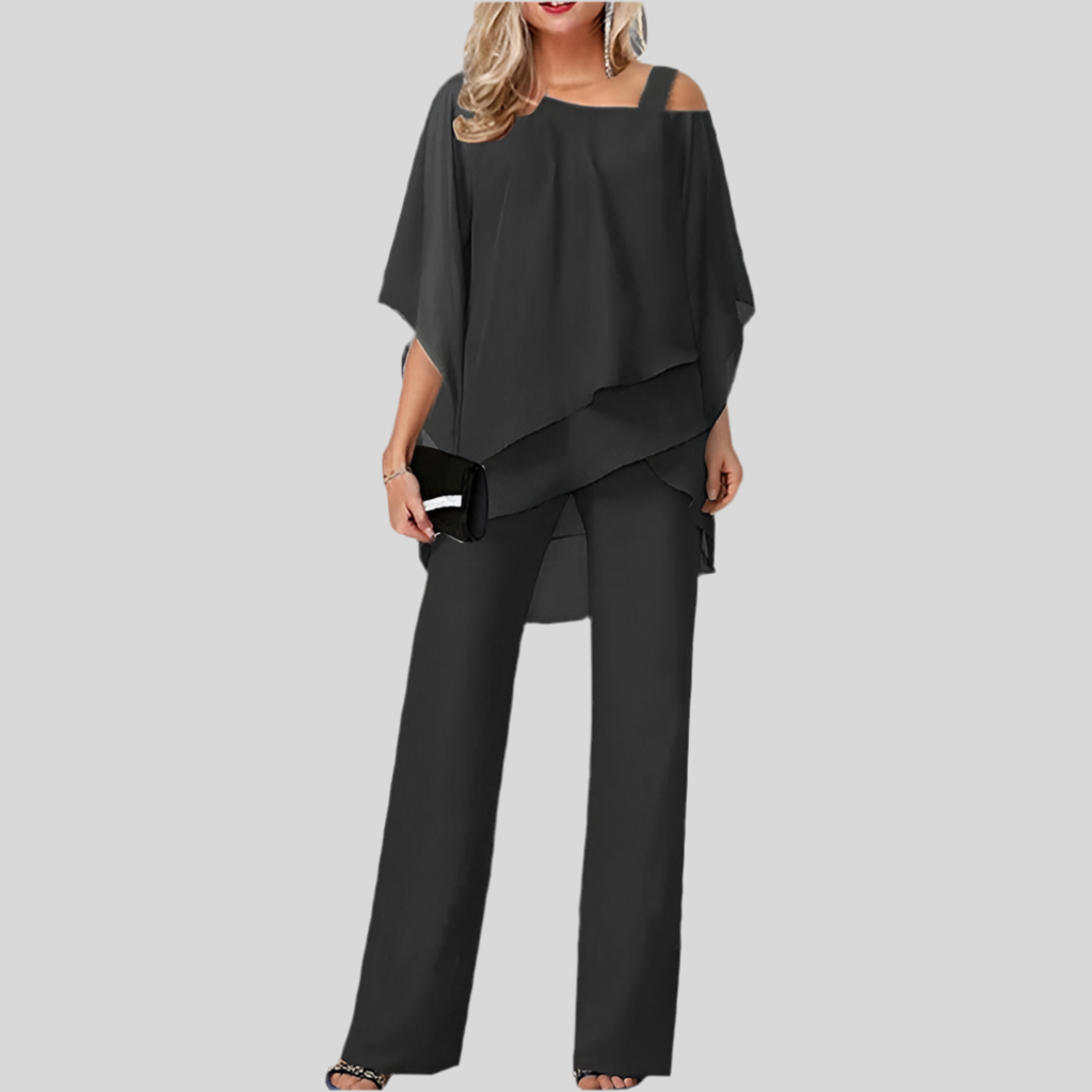 Women's New European and American Solid Color Casual Set - Loose Bat Sleeve Top and Irregular Long Pants