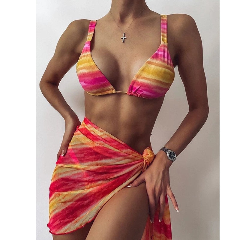 Sexy 3 Piece Bikini Set With Cover Up Beach Dress Tie Dye Push Up Biquini Brazilian Swimwear Women Thong Bikinis Mujer - Mammalook