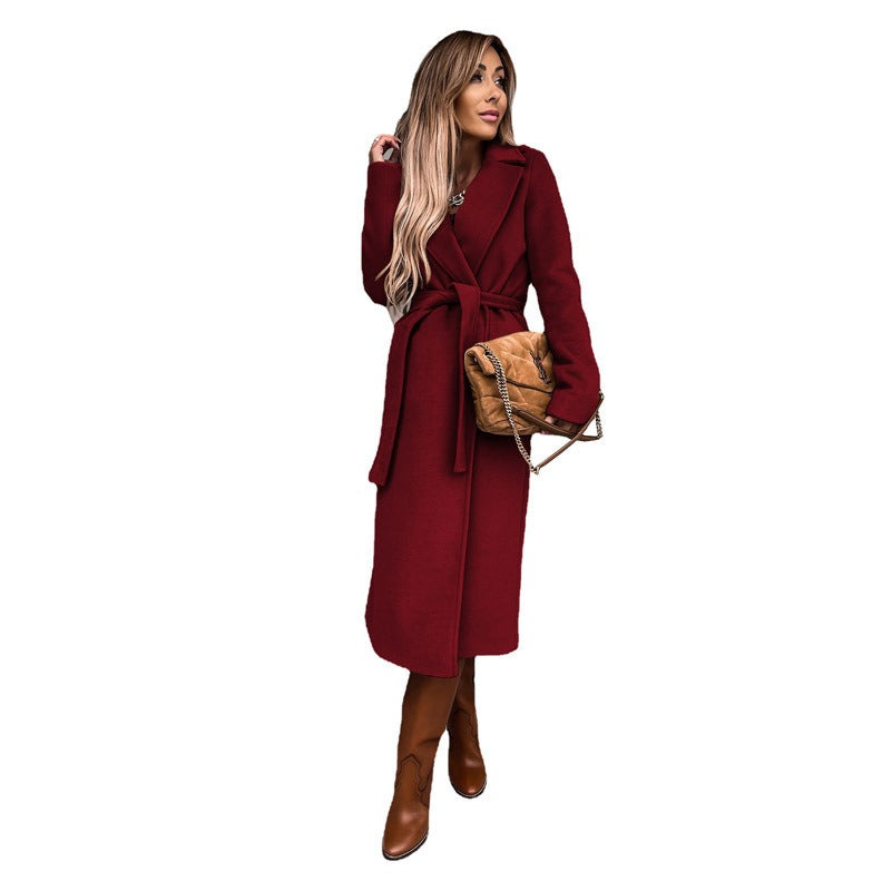 Women's Solid Color Lapel Long-Sleeved Woollen Jacket with Simple Strap Windbreaker - Mammalook