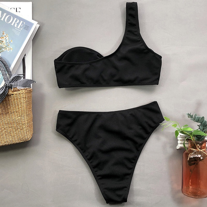 INGAGA One Shoulder Bikini Women's Swimsuit High Waist Swimwear Sexy Rings Biquini Black Ribbed Beachwear Brazilian Bikinis - Mammalook