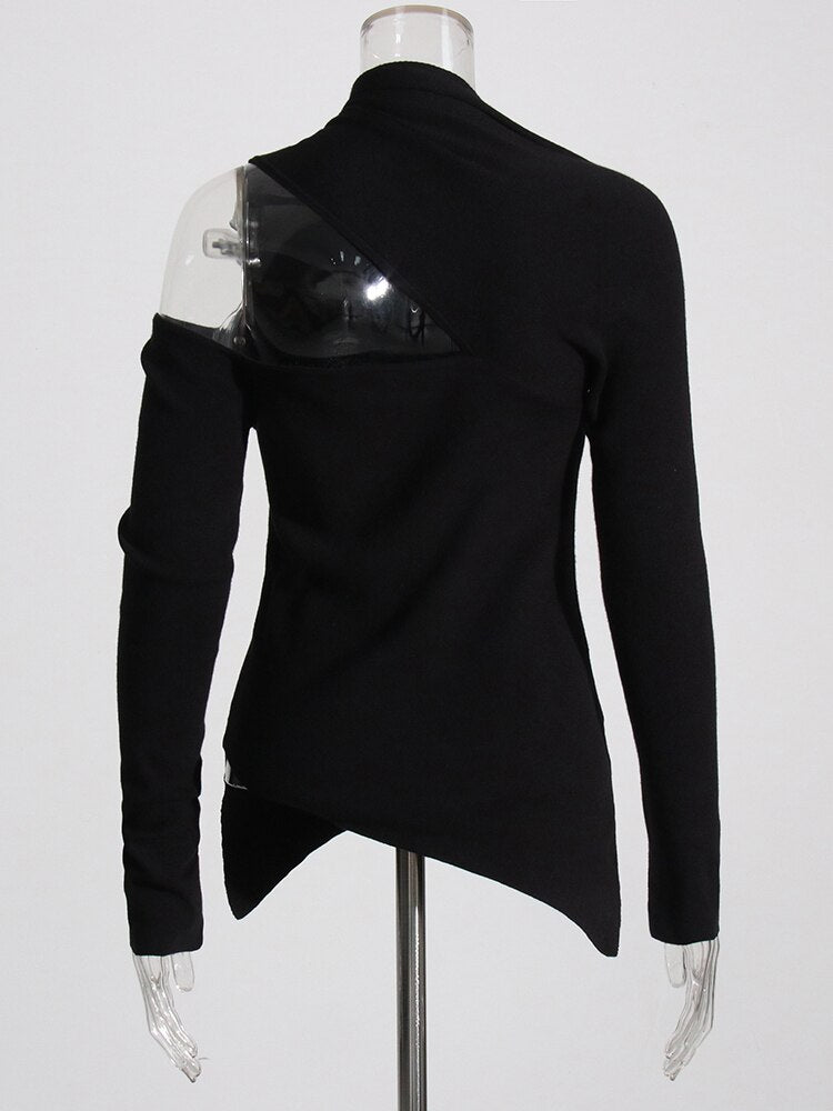 Knitting Sweater For Women Irregular Collar Long Sleeve Patchwork Hollow Out Chic Style Casual Sweaters Female Autumn - Mammalook