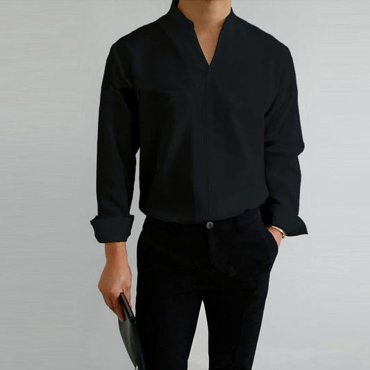 Shirt Men's Standing Collar Solid Color Fit Men's Shirt All Seasons - Mammalook