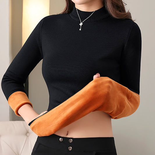Women Thick Warm Sweaters Thermal Underwear Long Johns Solid O-neck Velvet Jumper Sweaters For Women Winter - Mammalook