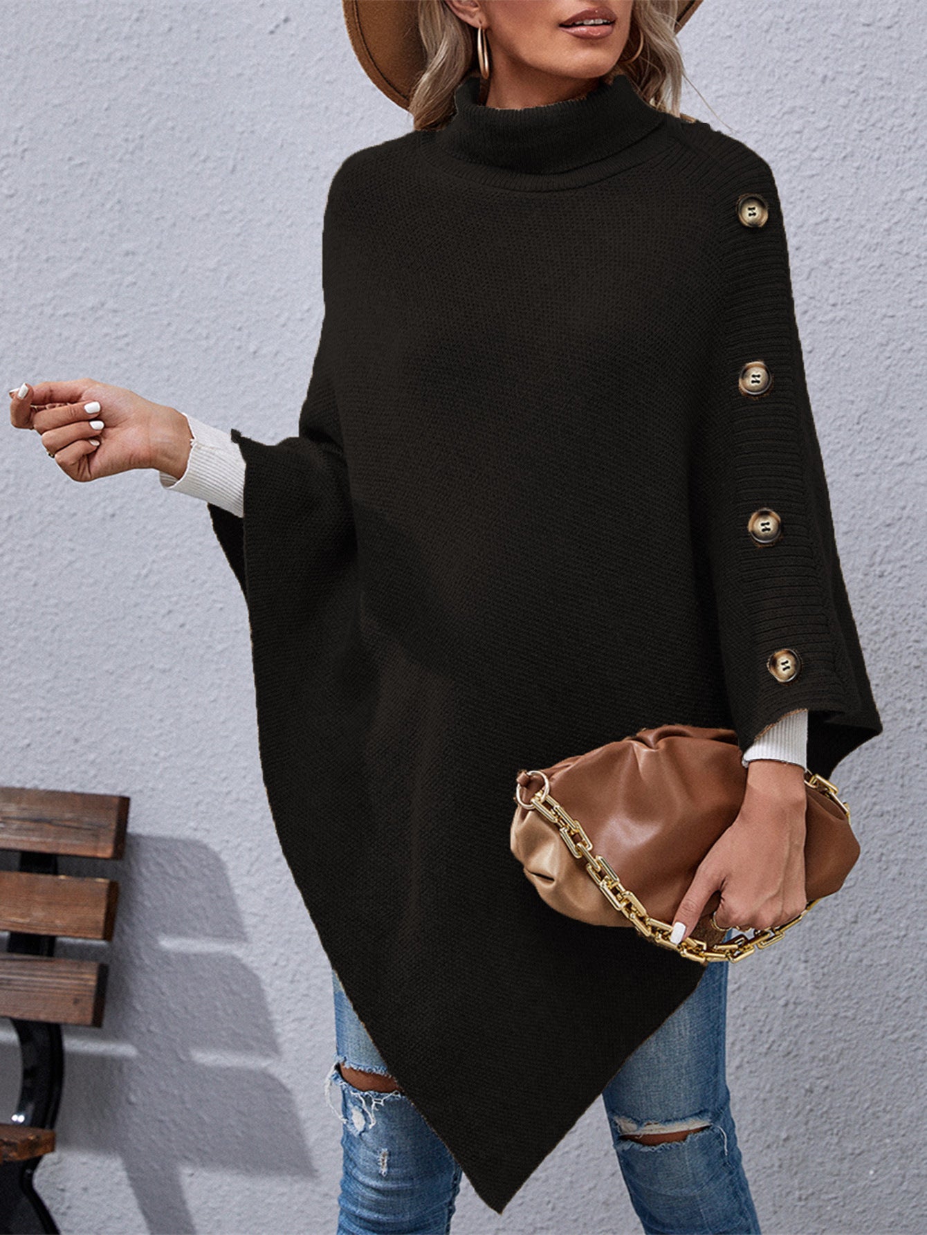 Button High Collar Irregular Sweater Cape for Women - Mammalook