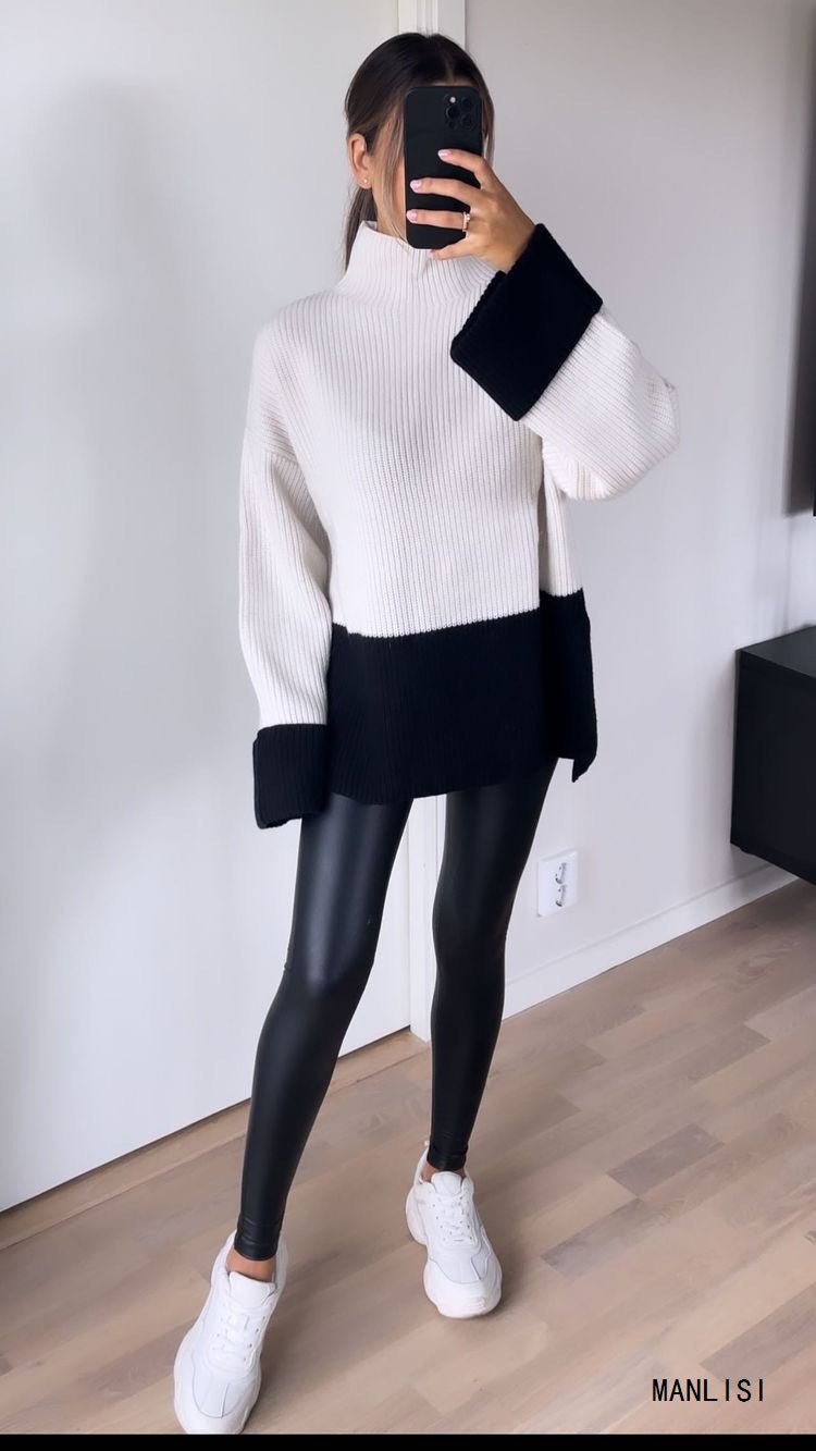 Women Knitted Patchwork Sweaters Slim Pullovers Mock Neck Long Sleeve Female Top - Mammalook