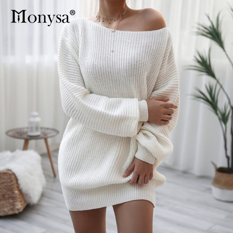 Off Shoulder Knitted Sweater Dresses For Women Autumn Winter Lantern Long Sleeve Dress Ladies Casual Dress White Black - Mammalook