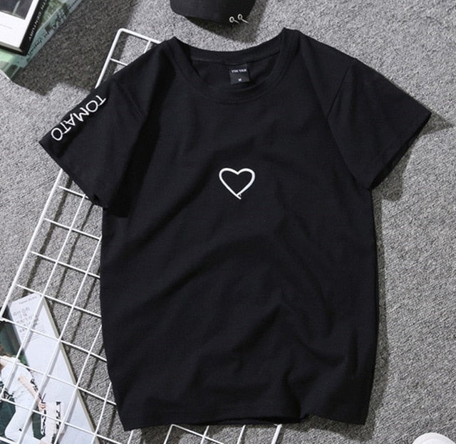 Summer Couples Lovers T-Shirt For Women Casual White Tops Tshirt Women T Shirt Love Heart Embroidery Print T-Shirt Female - Mammalook
