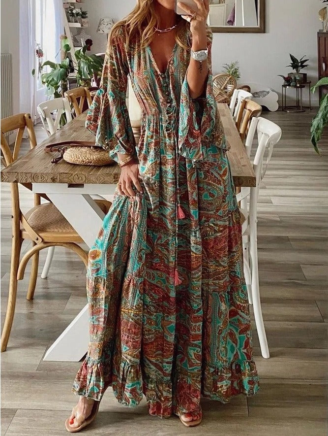 Bohemian retro printed high waisted holiday floral floral 3/4 sleeve dress for women - Mammalook