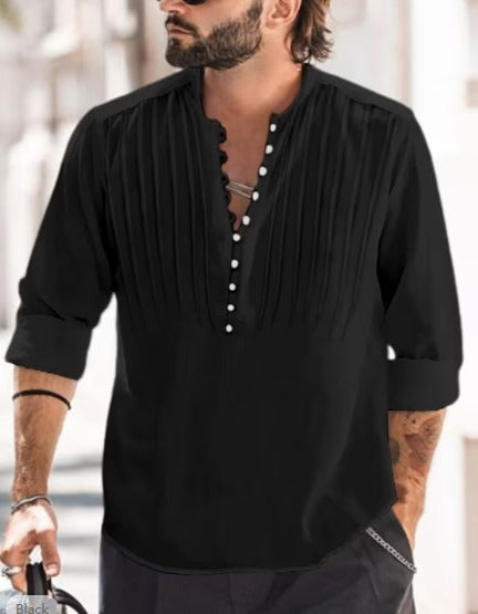 Cotton and Linen Mens Casual Button Round Neck Solid Standing Collar Shirt - Mammalook