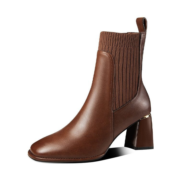 Spring, Autumn, and Winter New Women's Boots Thick Heel Square Head Short Boots Women's High Heel Knitted Woolen Socks Boots Elastic Martin Boots - Mammalook