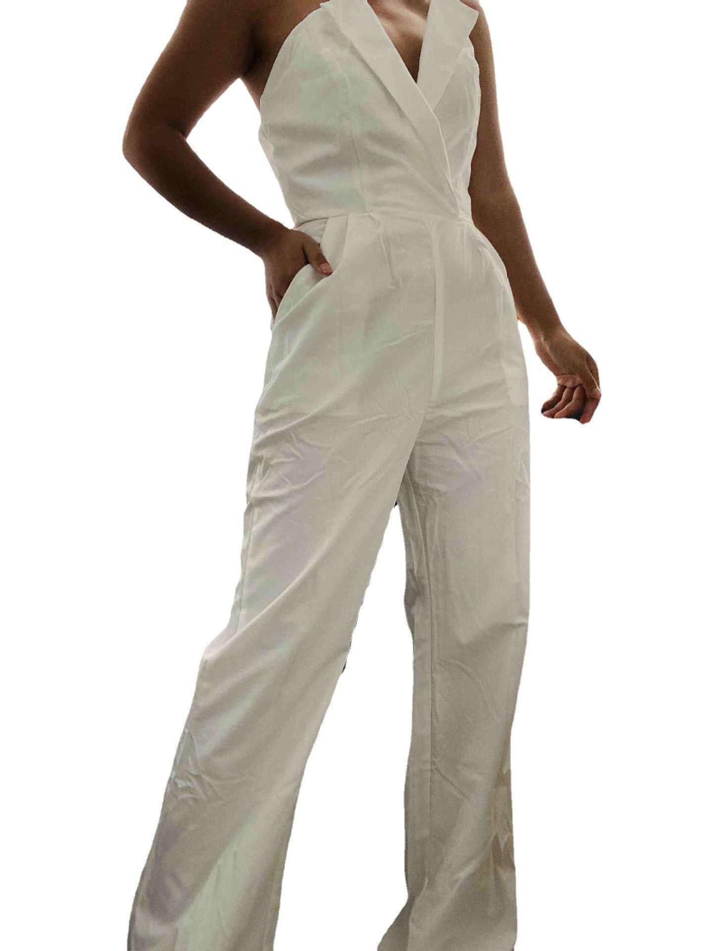 Jumpsuit with slanted collar and mid waist for a stylish commuting jumpsuit - Mammalook