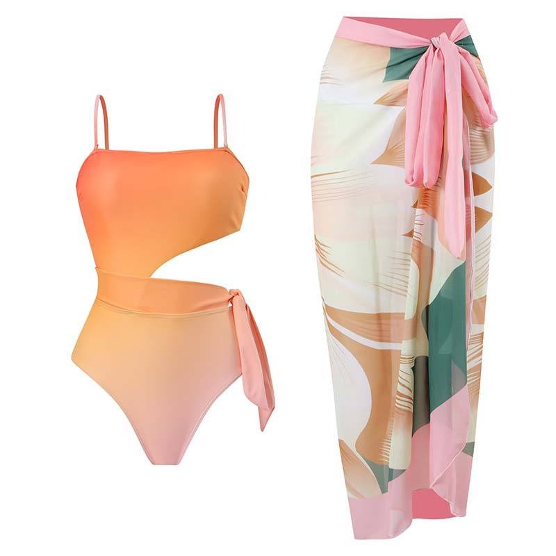 Gradient Print Fashion Swimsuit Set Cover Up Biquini Naranja Swimwear With Skirt Patchwork Women's Bandage Summer Beach - Mammalook